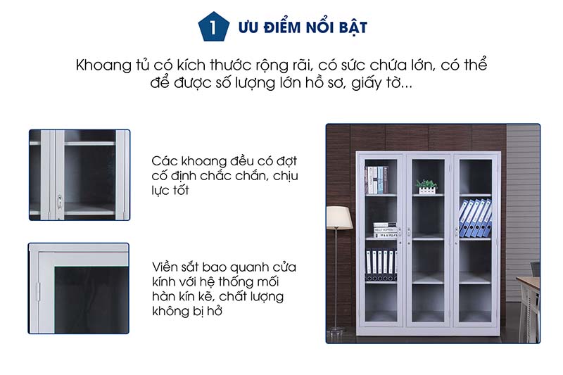 Ảnh mô tả sản phẩm - Tủ hồ sơ sắt 3 khoang kính HS02