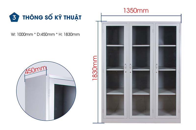 Ảnh mô tả sản phẩm - Tủ hồ sơ sắt 3 khoang kính HS02